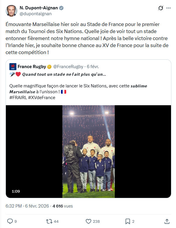 Nicolas Dupont-Aignan: Émouvante Marseillaise hier soir au Stade...