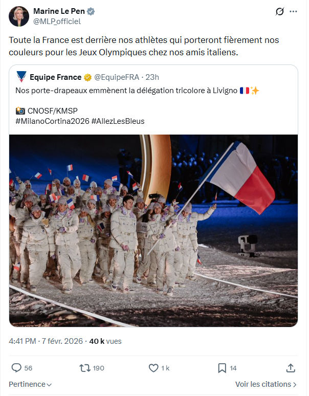 Marine Le Pen: Toute la France est derrière nos athlètes...