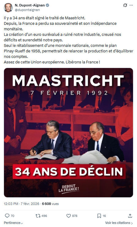 Nicolas Dupont-Aignan: Il y a 34 ans était signé le traité de Maastricht...