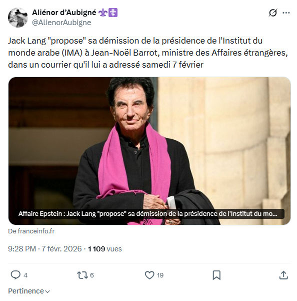 Aliénor d' Aubigné: Jack Lang "propose" sa démission de la présidence...