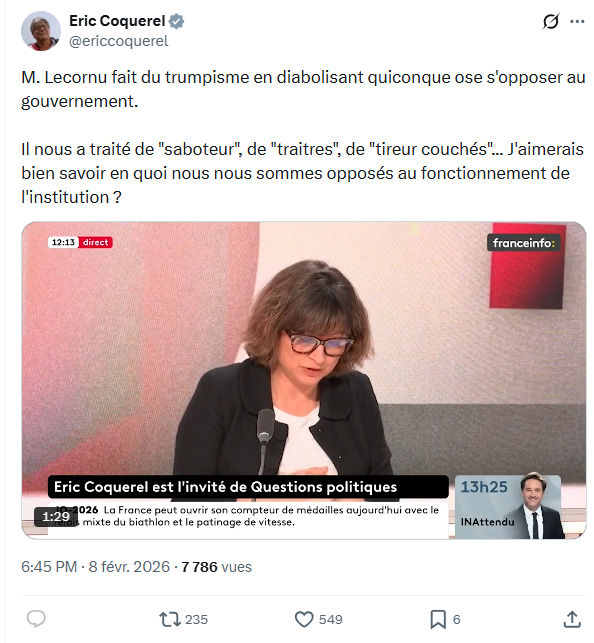 Eric Coquerel: M. Lecornu fait du trumpisme en diabolisant...