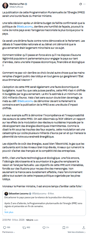 Marine Le Pen: La publication de cette Programmation Pluriannuelle...