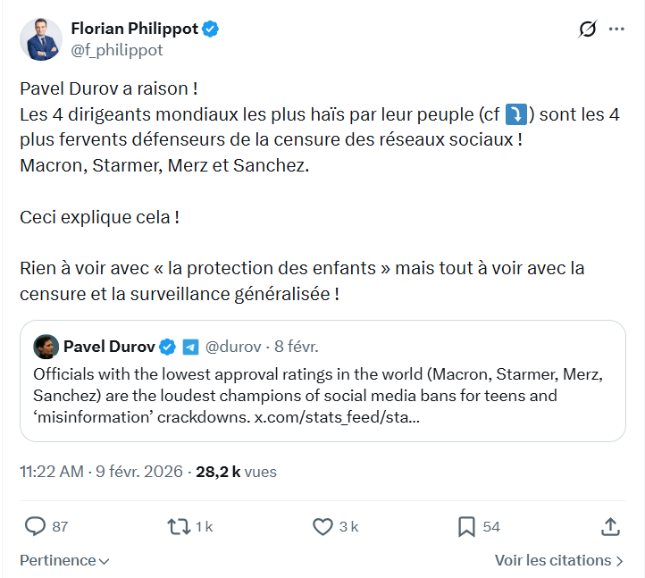 Florian Philippot: Pavel Durov a raison...