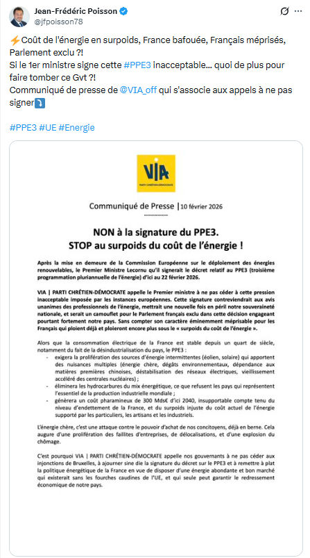 Jean-Frédéric Poisson: Coût de l'énergie en surpoids, France bafouée...