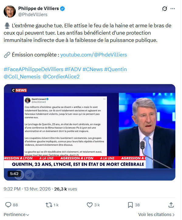 Philippe de Villiers:  L'extrême gauche tue...