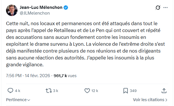 Jean-Luc Mélenchon: Cette nuit, nos locaux et permanences ont été attaqués...