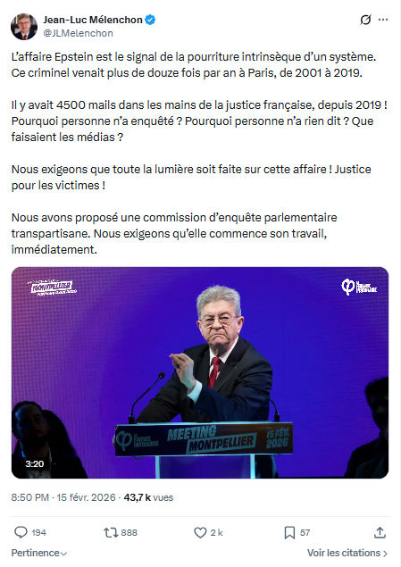 Jean-Luc Mélenchon: L’affaire Epstein est le signal de la pourriture...