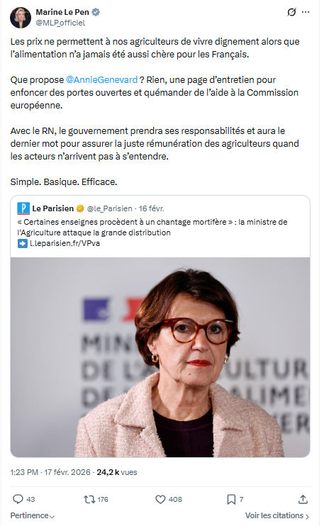 Marine Le Pen: Les prix ne permettent à nos agriculteurs...