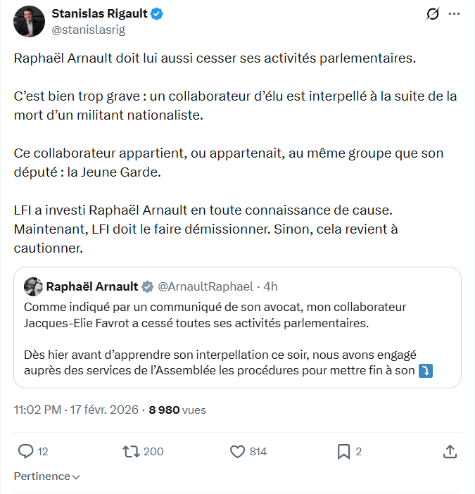 Stanislas Rigault: Raphaël Arnault doit lui aussi cesser ses activités parlementaires...