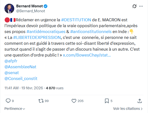 Bernard Monot: Réclamer en urgence la #DESTITUTION de E. MACRON...