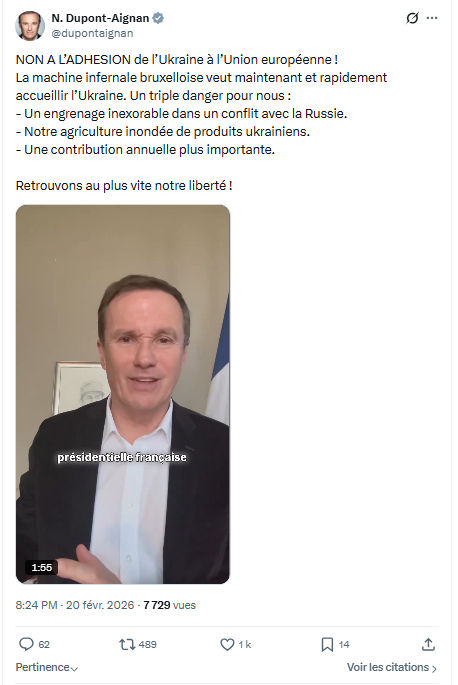 Nicolas Dupont-Aignan: NON A L’ADHESION de l’Ukraine à l’Union européenne...