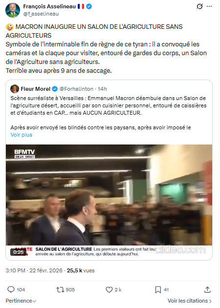 Francois Asselineau: MACRON INAUGURE UN SALON DE L'AGRICULTURE SANS...