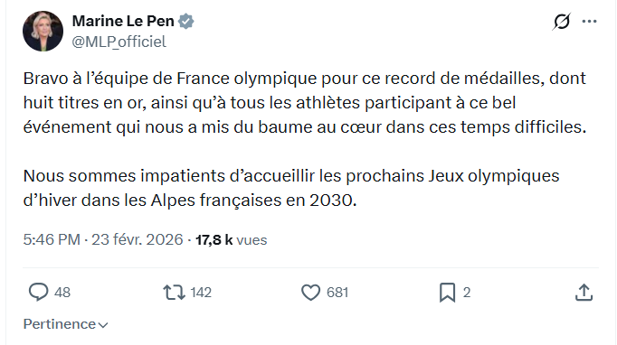 Marine Le Pen: Bravo à l’équipe de France olympique pour ce record...