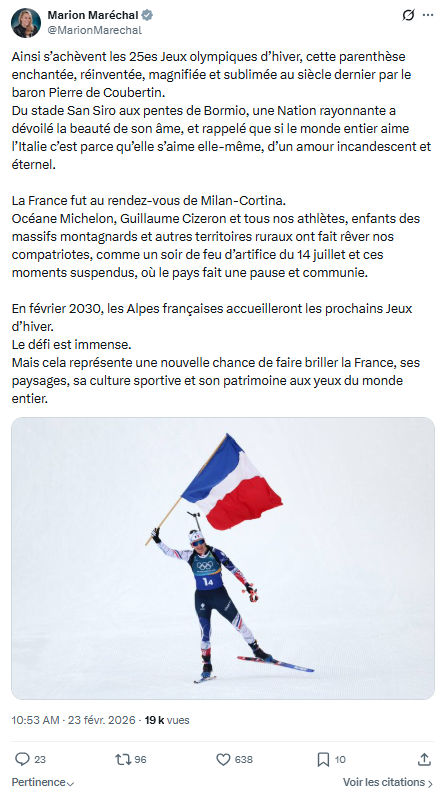 Marion Maréchal- Le Pen: Ainsi s’achèvent les 25es Jeux olympiques d’hiver...