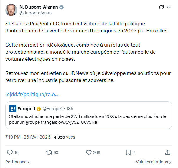 Nicolas Dupont-Aignan: Stellantis (Peugeot et Citroën) est victime de la folle politique...
