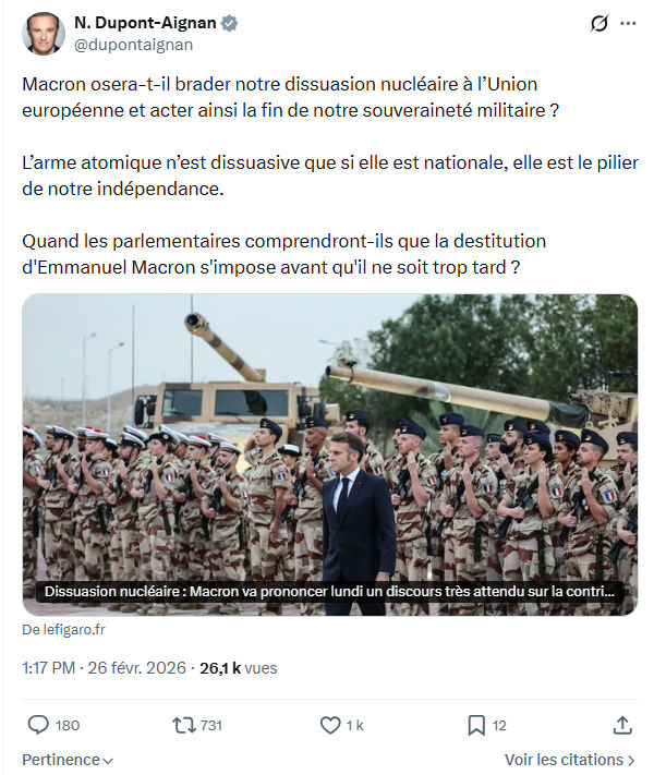 Nicolas Dupont-Aignan: Macron osera-t-il brader notre dissuasion...