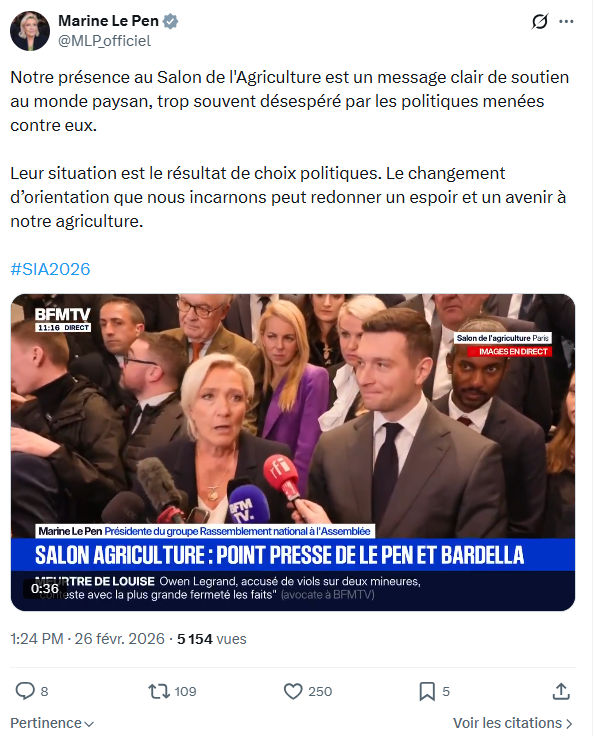 Marine Le Pen: Notre présence au Salon de l'Agriculture est un message...