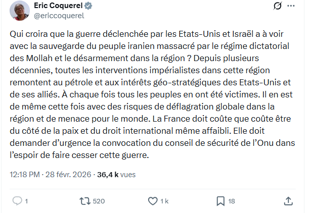 Eric Coquerel: Qui croira que la guerre déclenchée par les Etats-Unis...