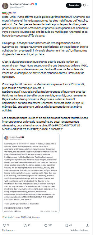 Restitutor Orientis: Etats-Unis: Trump affirme que le guide suprême...