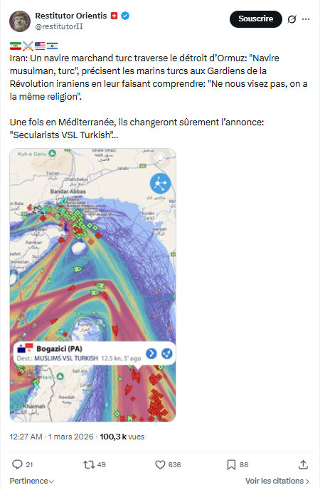 Restitutor Orientis: Iran: Un navire marchand turc traverse le détroit...