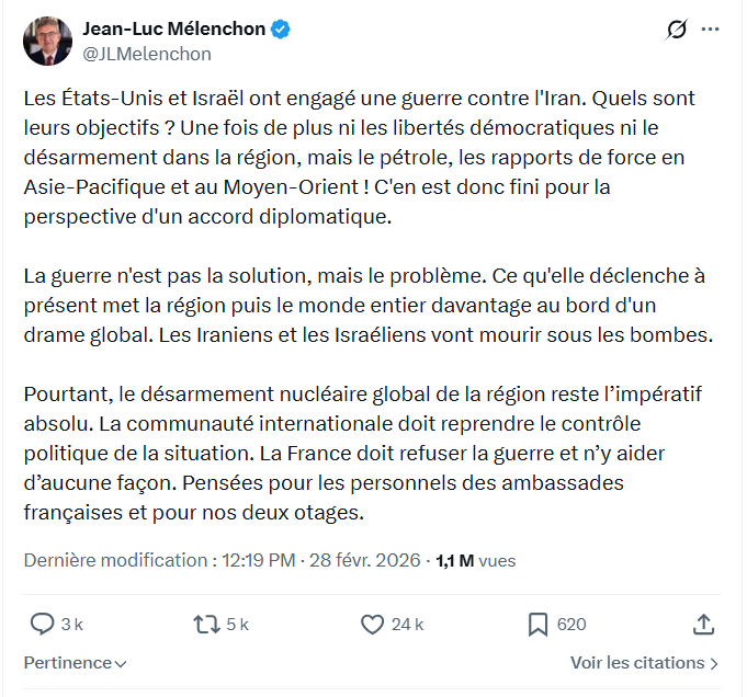 Jean-Luc Mélenchon: Les États-Unis et Israël ont engagé une guerre contre l'Iran...