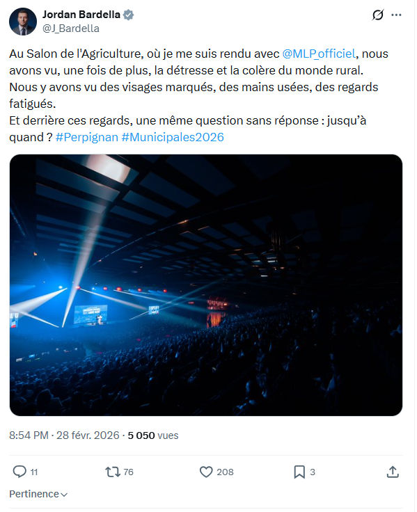 Jordan Bardella: Au Salon de l'Agriculture, où je me suis rendu avec  @MLP_officiel...