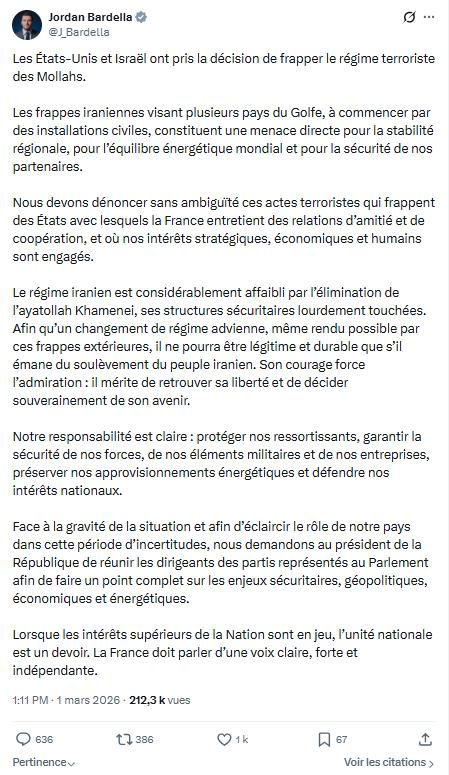 Jordan Bardella: Les États-Unis et Israël ont pris la décision de frapper...
