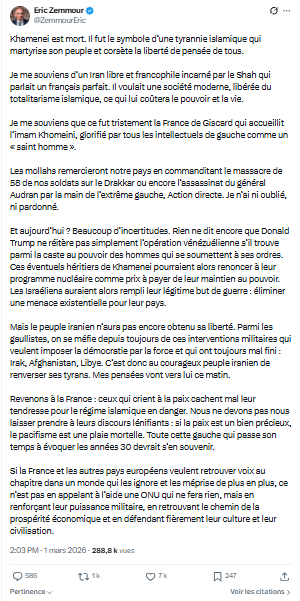 Eric Zemmour: Khamenei est mort...