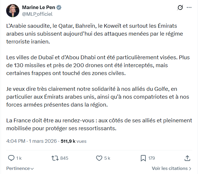 Marine Le Pen: L’Arabie saoudite, le Qatar, Bahreïn...