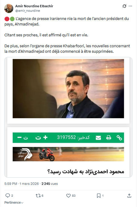 Amir Nourdine Elbachir: L'agence de presse iranienne nie la mort...
