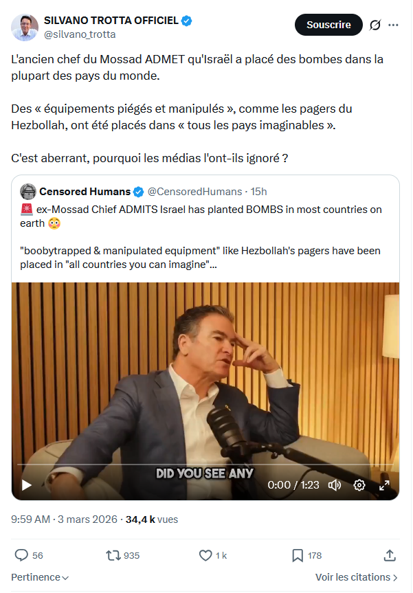 Silvano Trotta: L'ancien chef du Mossad ADMET qu'Israël a placé des bombes...