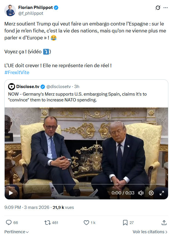 Florian Philippot: Merz soutient Trump qui veut faire un embargo contre l’Espagne...