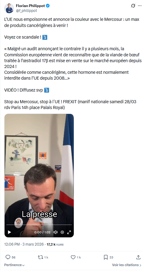 Florian Philippot: L’UE nous empoisonne et annonce la couleur avec le Mercosur...