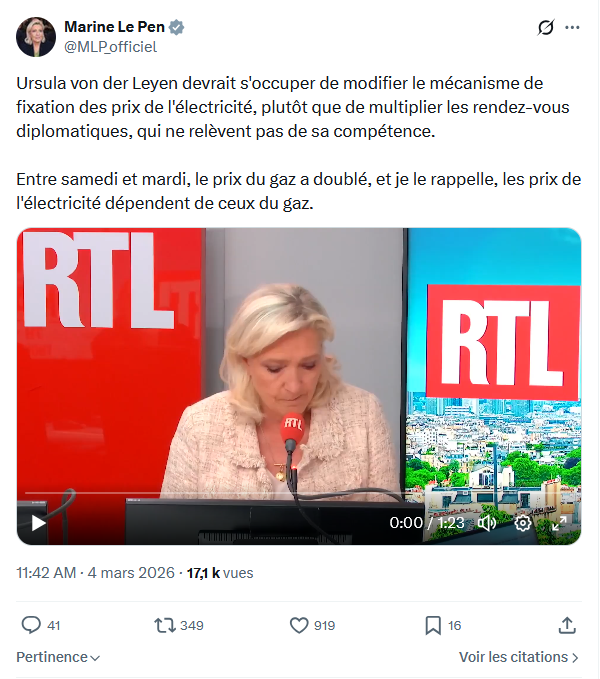 Marine Le Pen: Ursula von der Leyen devrait s'occuper de modifier...