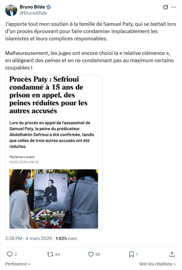 Bruno Bilde: J’apporte tout mon soutien à la famille de Samuel Paty...