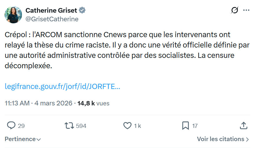 Catherine Griset: Crépol : l'ARCOM sanctionne Cnews...