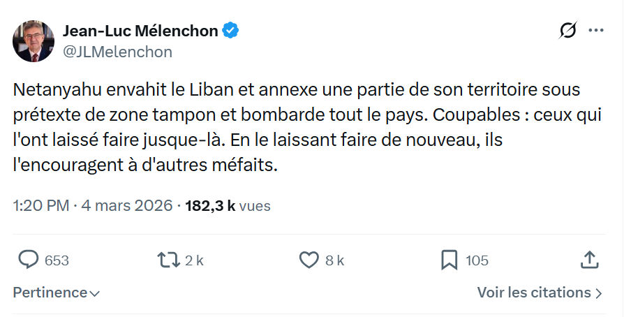Jean-Luc Mélenchon: Netanyahu envahit le Liban et annexe...