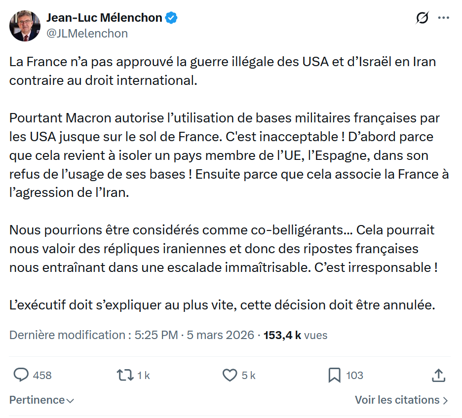 Jean-Luc Mélenchon: La France n’a pas approuvé la guerre illégale...
