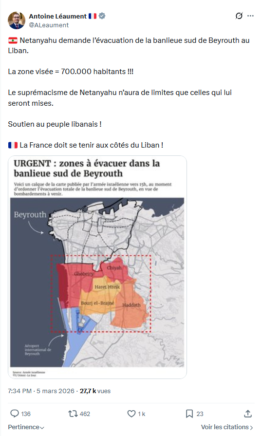Antoine Léaument: Netanyahu demande l’évacuation de la banlieue...