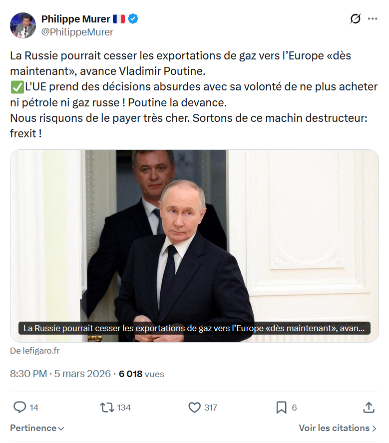 Philippe Murer: La Russie pourrait cesser les exportations de gaz vers l’Europe...
