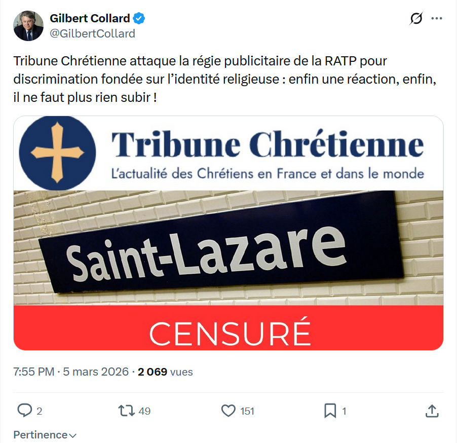 Gilbert Collard: Tribune Chrétienne attaque la régie publicitaire...