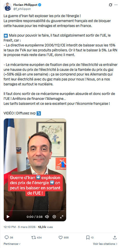 Florian Philippot: La guerre d’Iran fait exploser les prix de l’énergie...