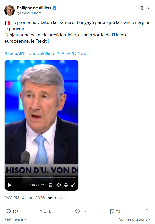 Philippe de Villiers: Le pronostic vital de la France est engagé...