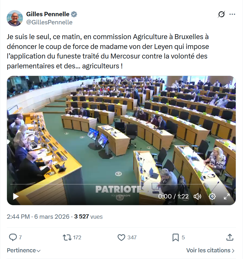 Gilles Pennelle: Je suis le seul, ce matin, en commission Agriculture à Bruxelles...