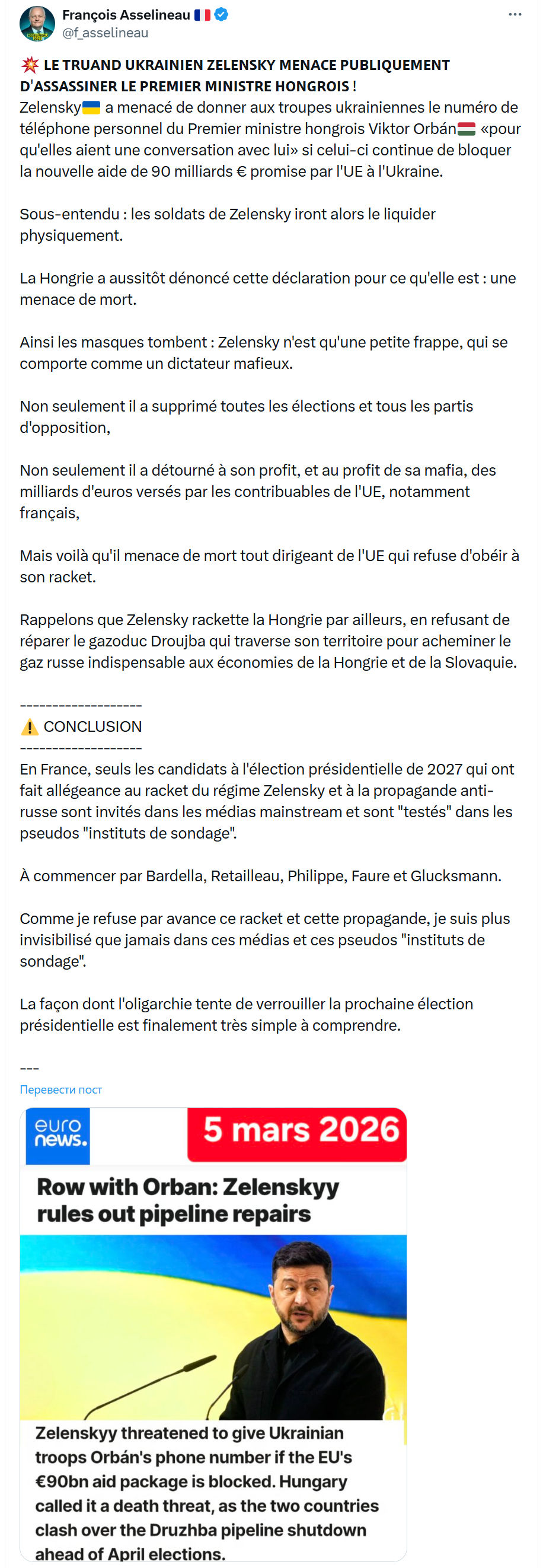 Francois Asselineau: 𝗟𝗘 𝗧𝗥𝗨𝗔𝗡𝗗 𝗨𝗞𝗥𝗔𝗜𝗡𝗜𝗘𝗡 𝗭𝗘𝗟𝗘𝗡𝗦𝗞𝗬 𝗠𝗘𝗡𝗔𝗖𝗘...