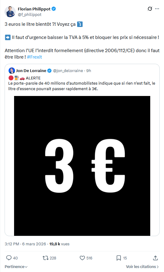 Florian Philippot: 3 euros le litre bientôt ?! Voyez ça...