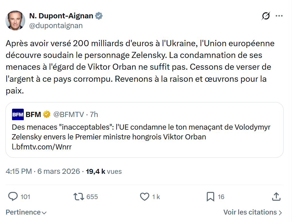 Nicolas Dupont-Aignan: Après avoir versé 200 milliards d'euros à l'Ukraine...