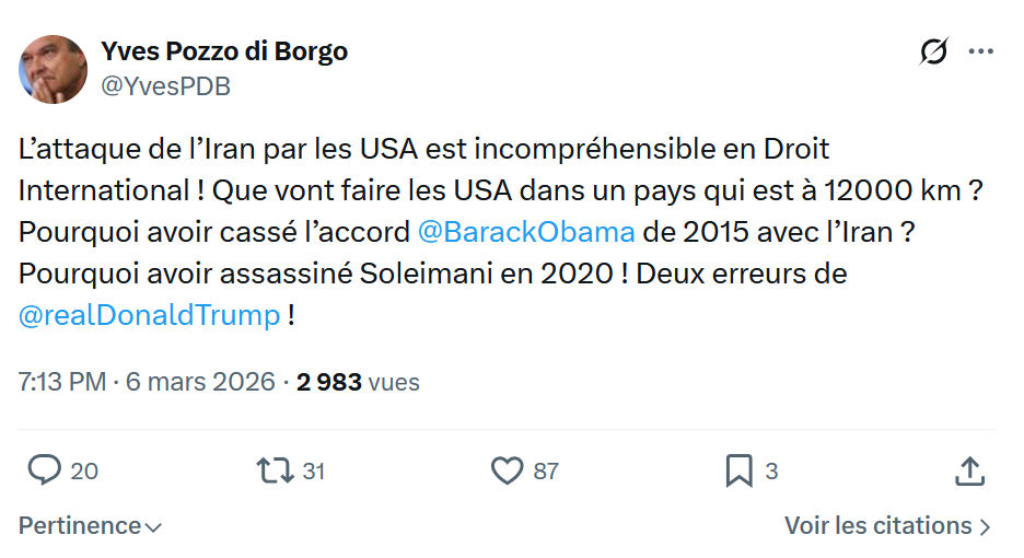 Yves Pozzo di Borgo: L’attaque de l’Iran par les USA...