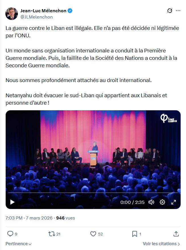 Jean-Luc Mélenchon: La guerre contre le Liban est illégale...