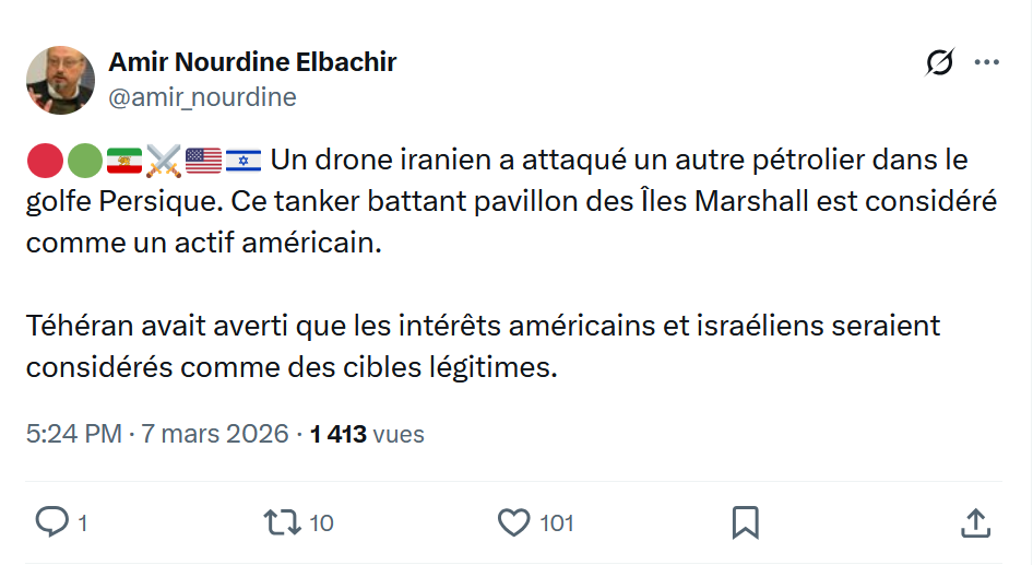 Amir Nourdine Elbachir: Un drone iranien a attaqué un autre pétrolier...